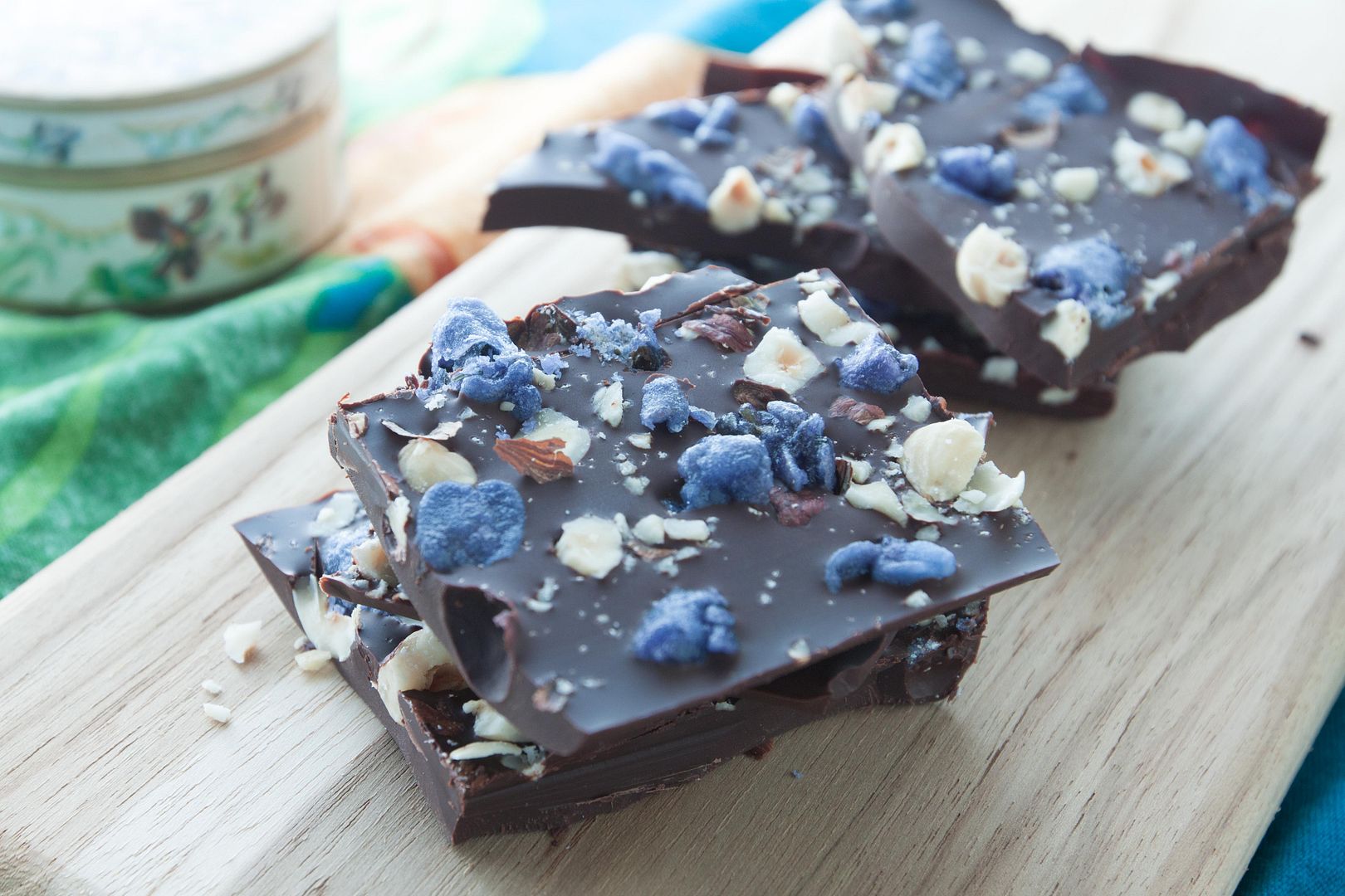 Food Makes Me Happy Dark Chocolate with Candied Violets and Hazelnuts